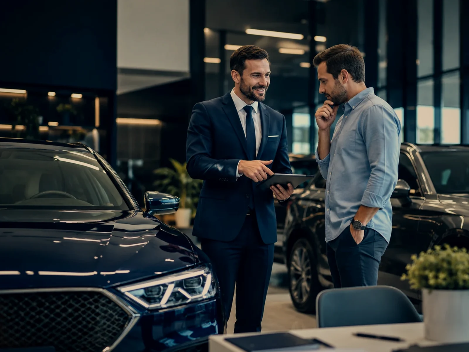 Marketing para loja de carros com vendedor atendendo cliente no showroom